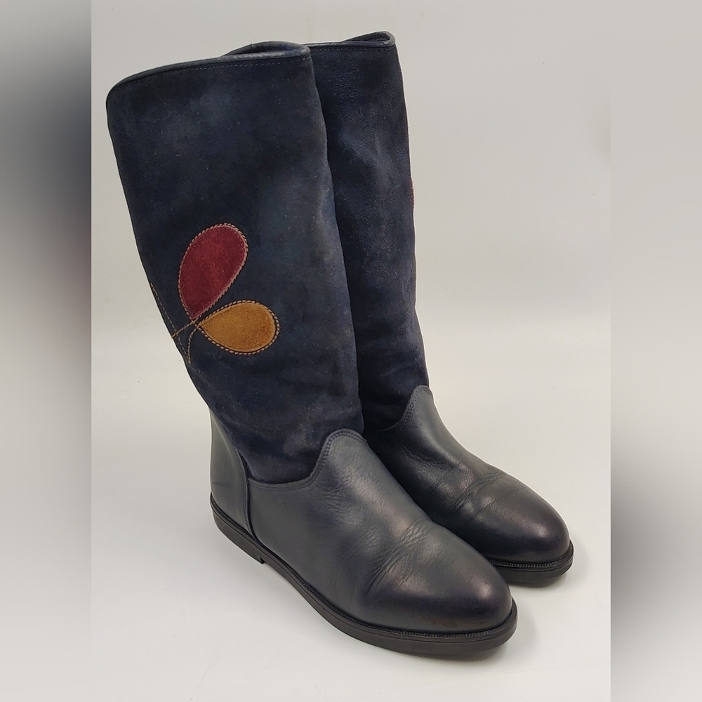 Navy Black Leather Suede Winter Women's Boots Sz 36 w/ Appique - Picture 15 of 15